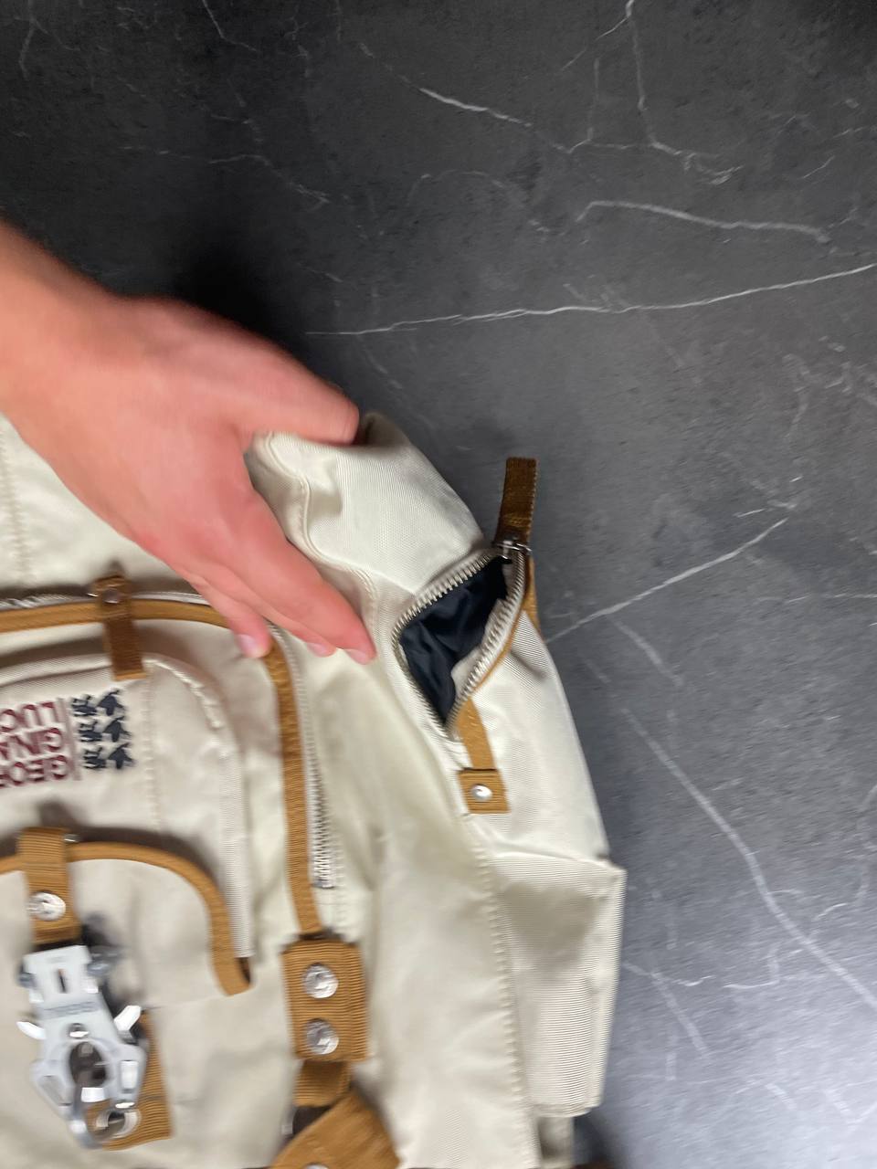 George Gina & Lucy beige canvas shoulder bag with brown straps and embroidered logo.