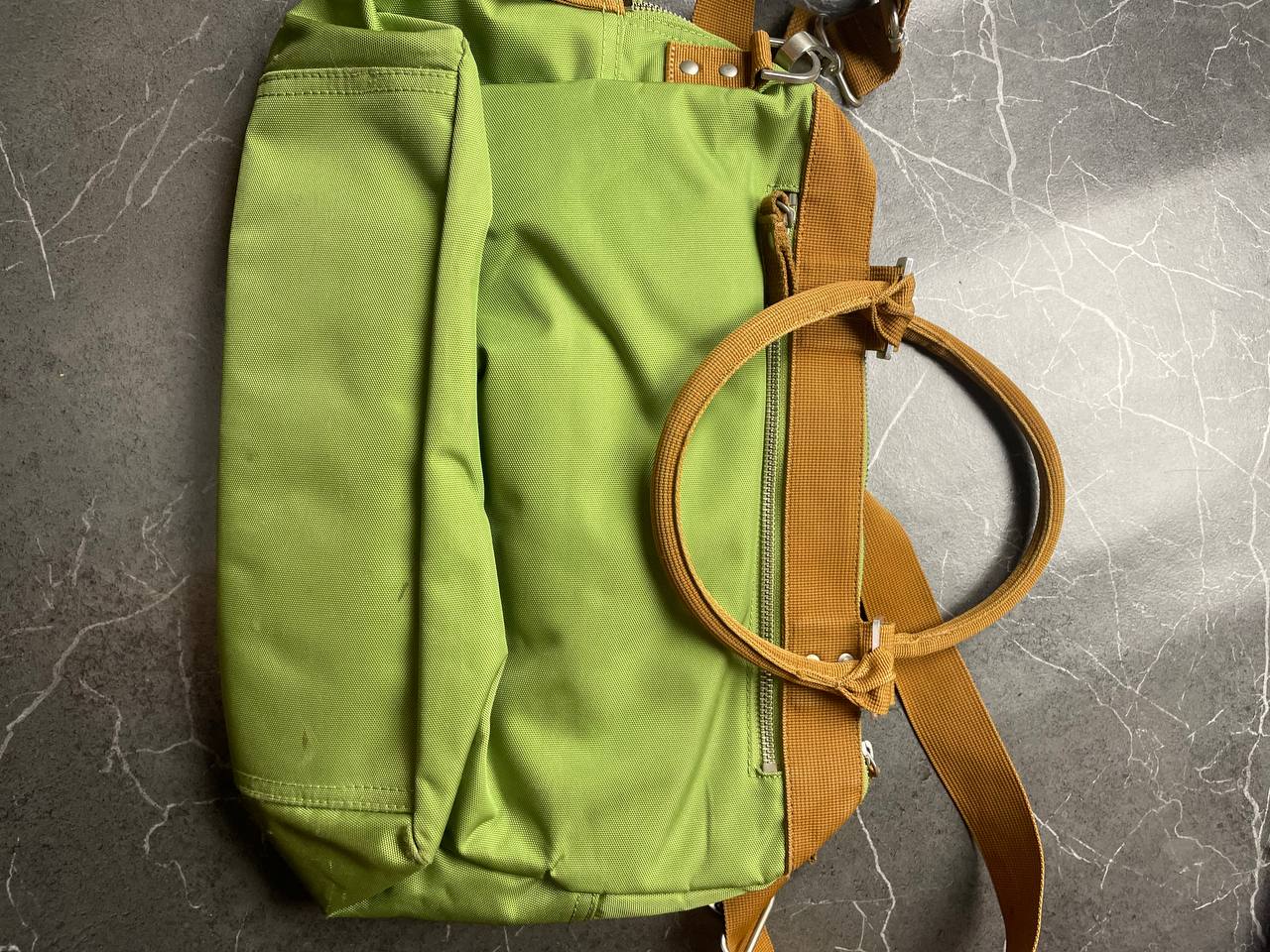 George Gina & Lucy brown and green shoulder bag with embroidered logo and metal clasp.