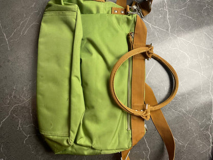 George Gina & Lucy brown and green shoulder bag with embroidered logo and metal clasp.