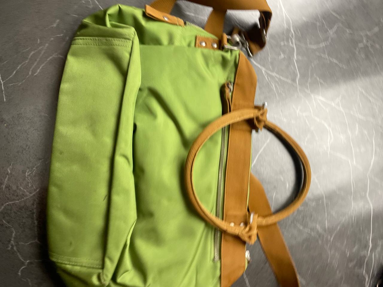 George Gina & Lucy brown and green shoulder bag with embroidered logo and metal clasp.