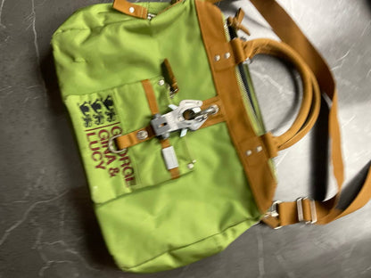 George Gina & Lucy brown and green shoulder bag with embroidered logo and metal clasp.
