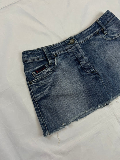 & Other Stories blue denim mini skirt with frayed hem and branded button fly closure