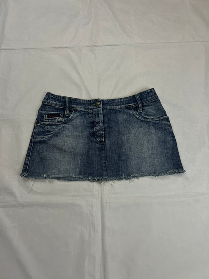 & Other Stories blue denim mini skirt with frayed hem and branded button fly closure
