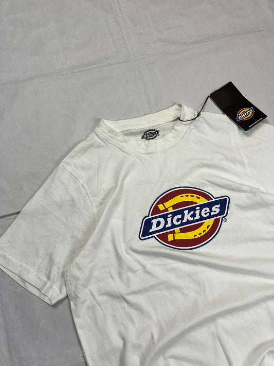 Dickies white t-shirt featuring bold front logo, made from 100% cotton.
