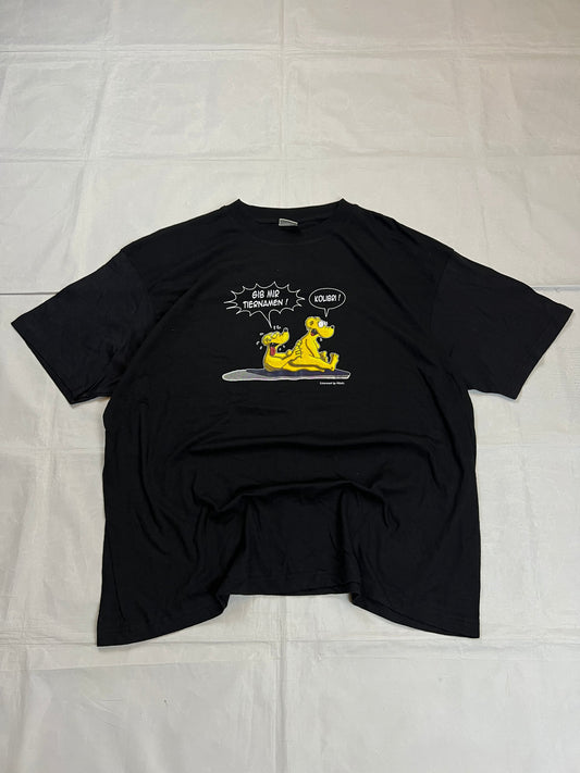 Carhartt black graphic cotton t-shirt with yellow cartoon design and printed text.