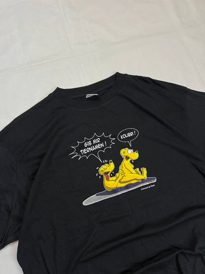 Carhartt black graphic cotton t-shirt with yellow cartoon design and printed text.