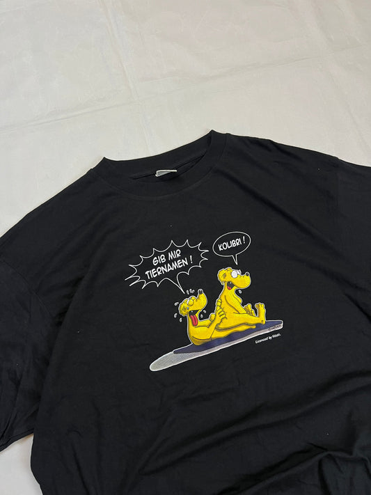 Carhartt black graphic cotton t-shirt with yellow cartoon design and printed text.