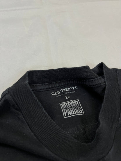 Carhartt black graphic cotton t-shirt with yellow cartoon design and printed text.