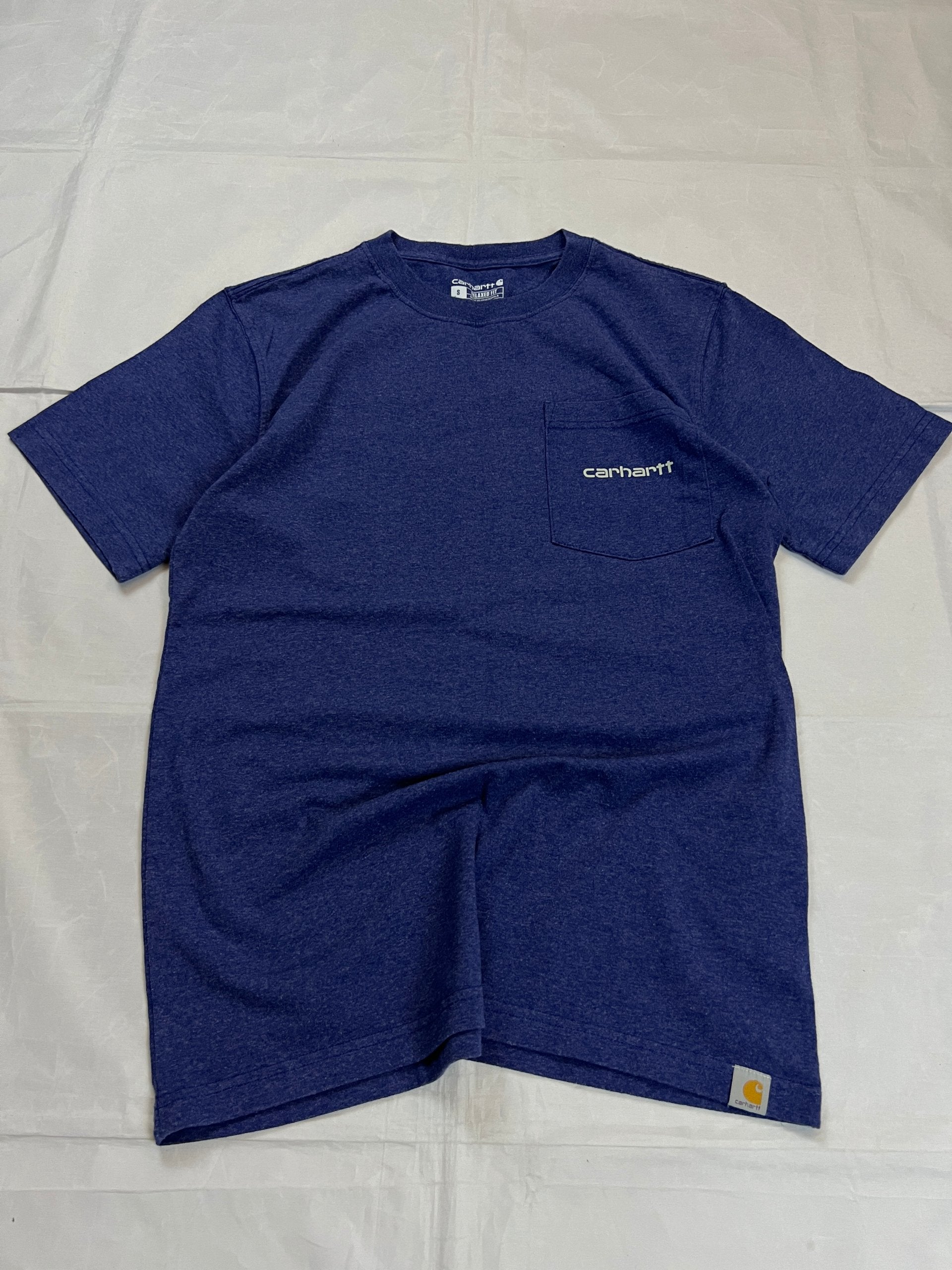 Carhartt navy blue t-shirt with front pocket logo and large back logo design.