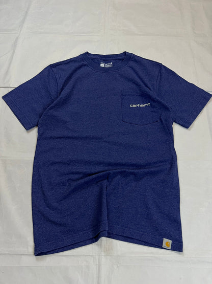 Carhartt navy blue t-shirt with front pocket logo and large back logo design.