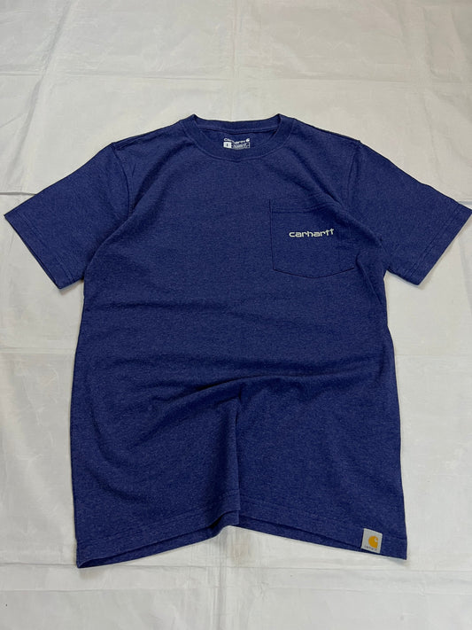 Carhartt navy blue t-shirt with front pocket logo and large back logo design.