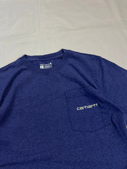 Carhartt navy blue t-shirt with front pocket logo and large back logo design.