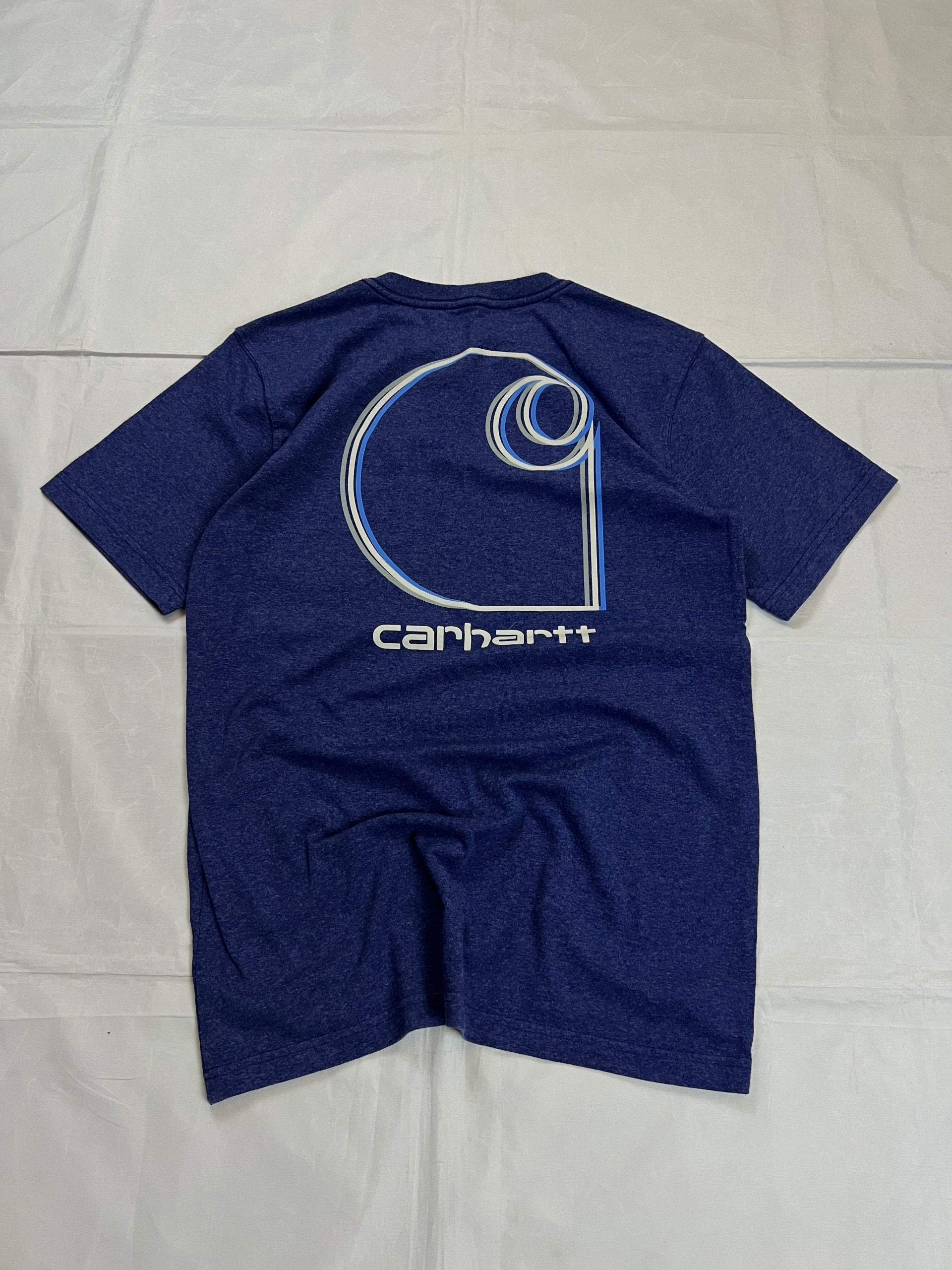 Carhartt navy blue t-shirt with front pocket logo and large back logo design.