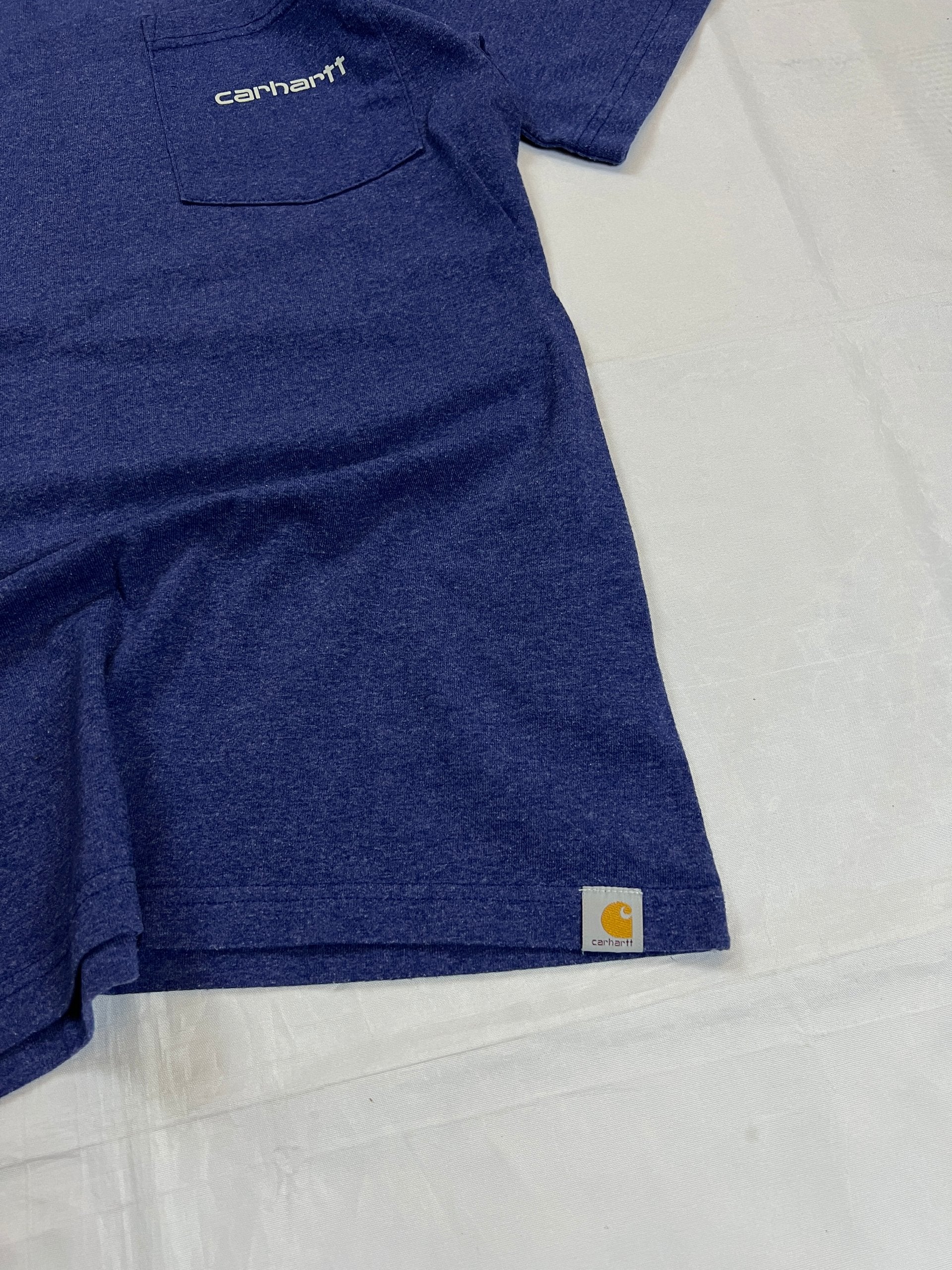 Carhartt navy blue t-shirt with front pocket logo and large back logo design.