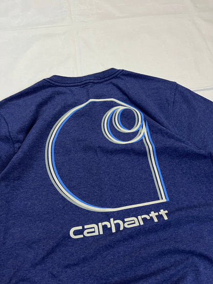 Carhartt navy blue t-shirt with front pocket logo and large back logo design.