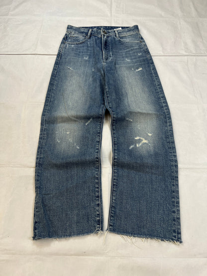 G-Star Raw blue distressed denim jeans with frayed hems and slit detail.