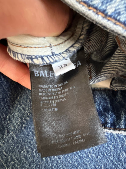 Balenciaga blue denim jeans with five-pocket styling and branded patch at back waist.