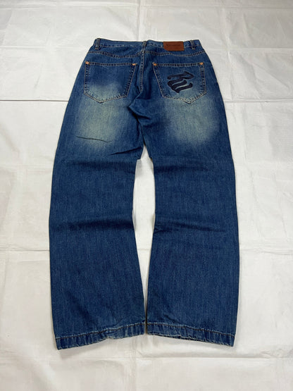 Rocawear blue denim loose fit jeans with faded effect and embroidered back pocket details.