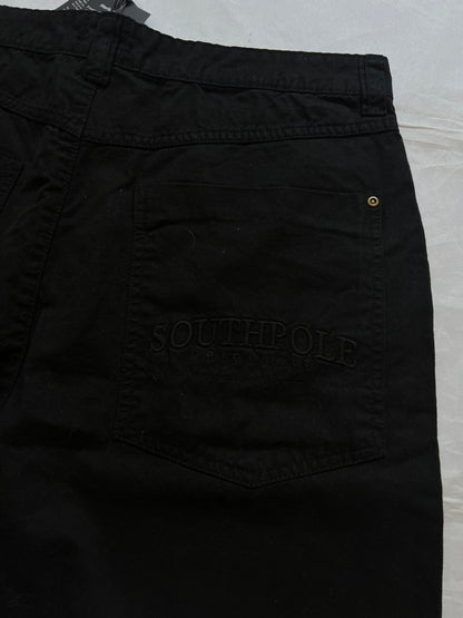 Southpole black denim shorts size 36 with bronze button detailing and embroidered logo.