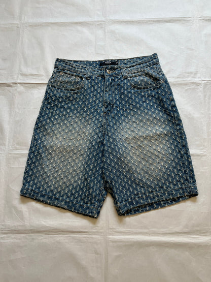 Based NY blue baggy fit denim shorts with distressed pattern and brass rivet details.