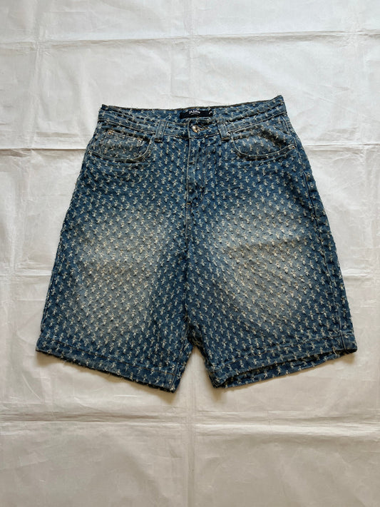 Based NY blue baggy fit denim shorts with distressed pattern and brass rivet details.