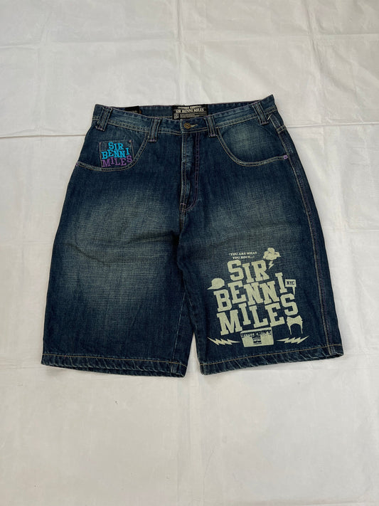 SIR BENNI MILES blue denim shorts with embroidered logos and faded wash, 100% cotton.