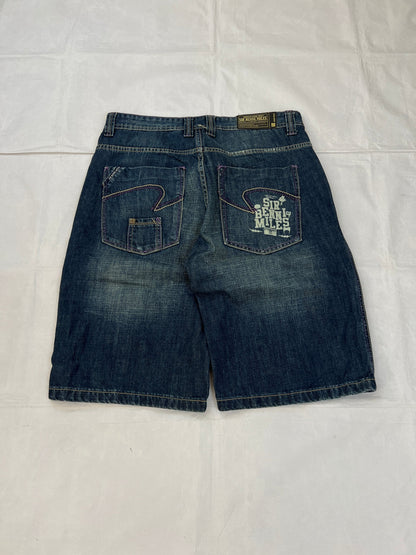 SIR BENNI MILES blue denim shorts with embroidered logos and faded wash, 100% cotton.