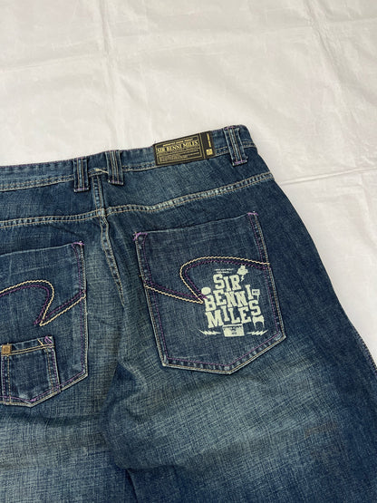 SIR BENNI MILES blue denim shorts with embroidered logos and faded wash, 100% cotton.