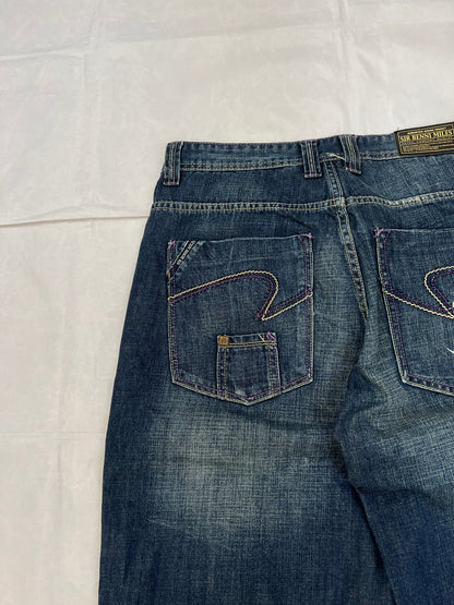 SIR BENNI MILES blue denim shorts with embroidered logos and faded wash, 100% cotton.