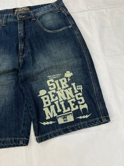 SIR BENNI MILES blue denim shorts with embroidered logos and faded wash, 100% cotton.