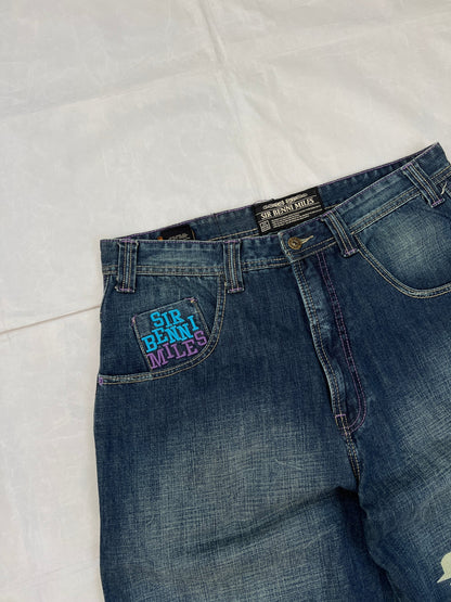 SIR BENNI MILES blue denim shorts with embroidered logos and faded wash, 100% cotton.