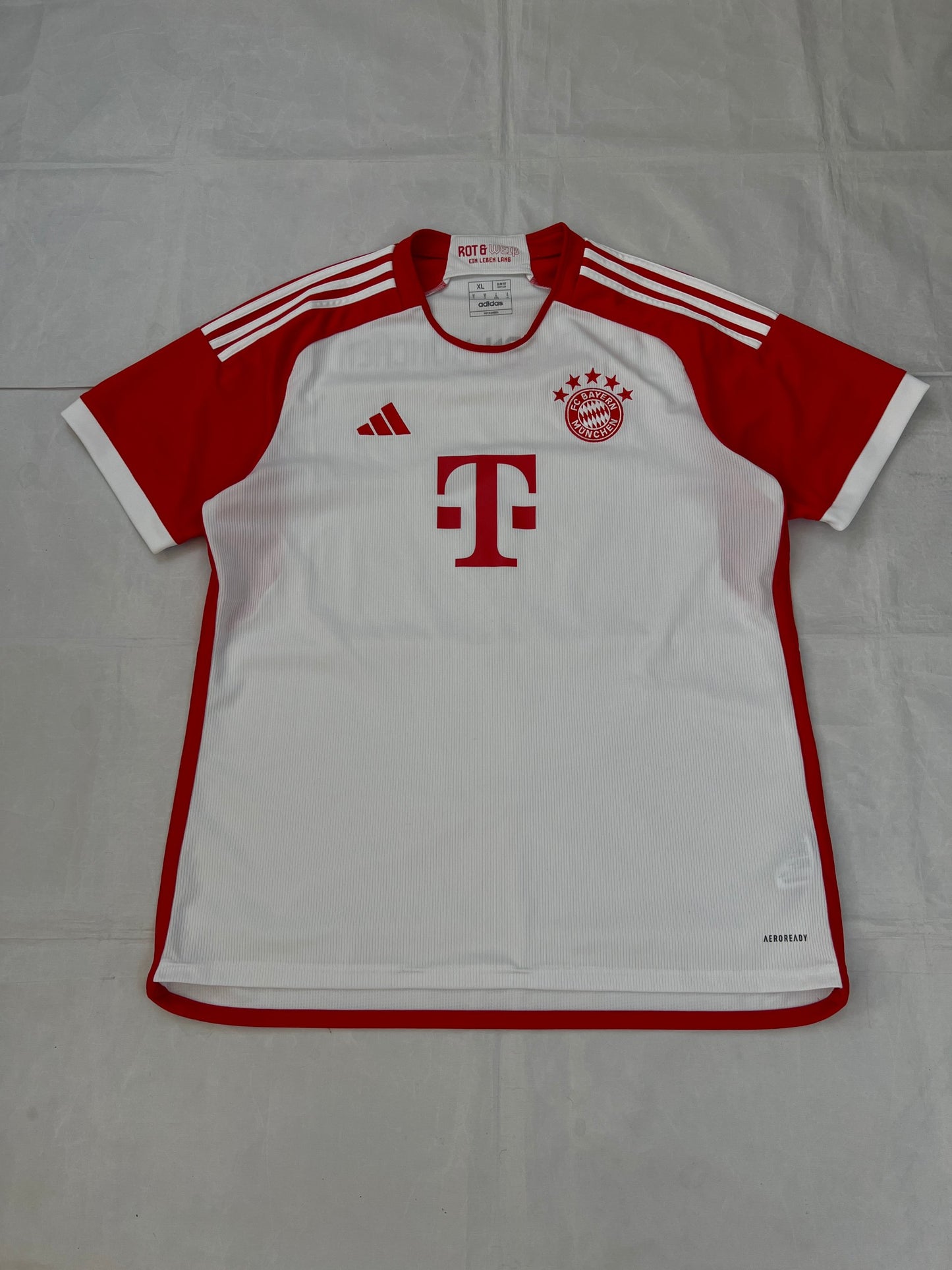 Adidas red and white FC Bayern Munich football jersey, slim fit, AEROREADY technology, 'MIA SAN MIA' detail.