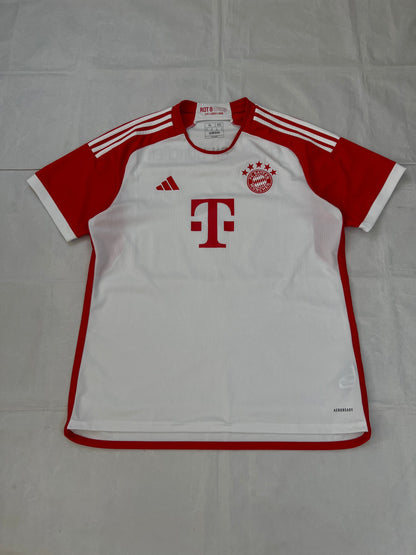 Adidas red and white FC Bayern Munich football jersey, slim fit, AEROREADY technology, 'MIA SAN MIA' detail.