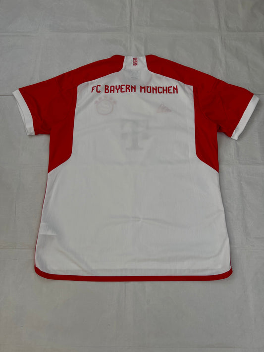 Adidas red and white FC Bayern Munich football jersey, slim fit, AEROREADY technology, 'MIA SAN MIA' detail.