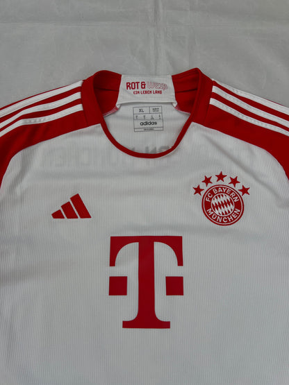 Adidas red and white FC Bayern Munich football jersey, slim fit, AEROREADY technology, 'MIA SAN MIA' detail.