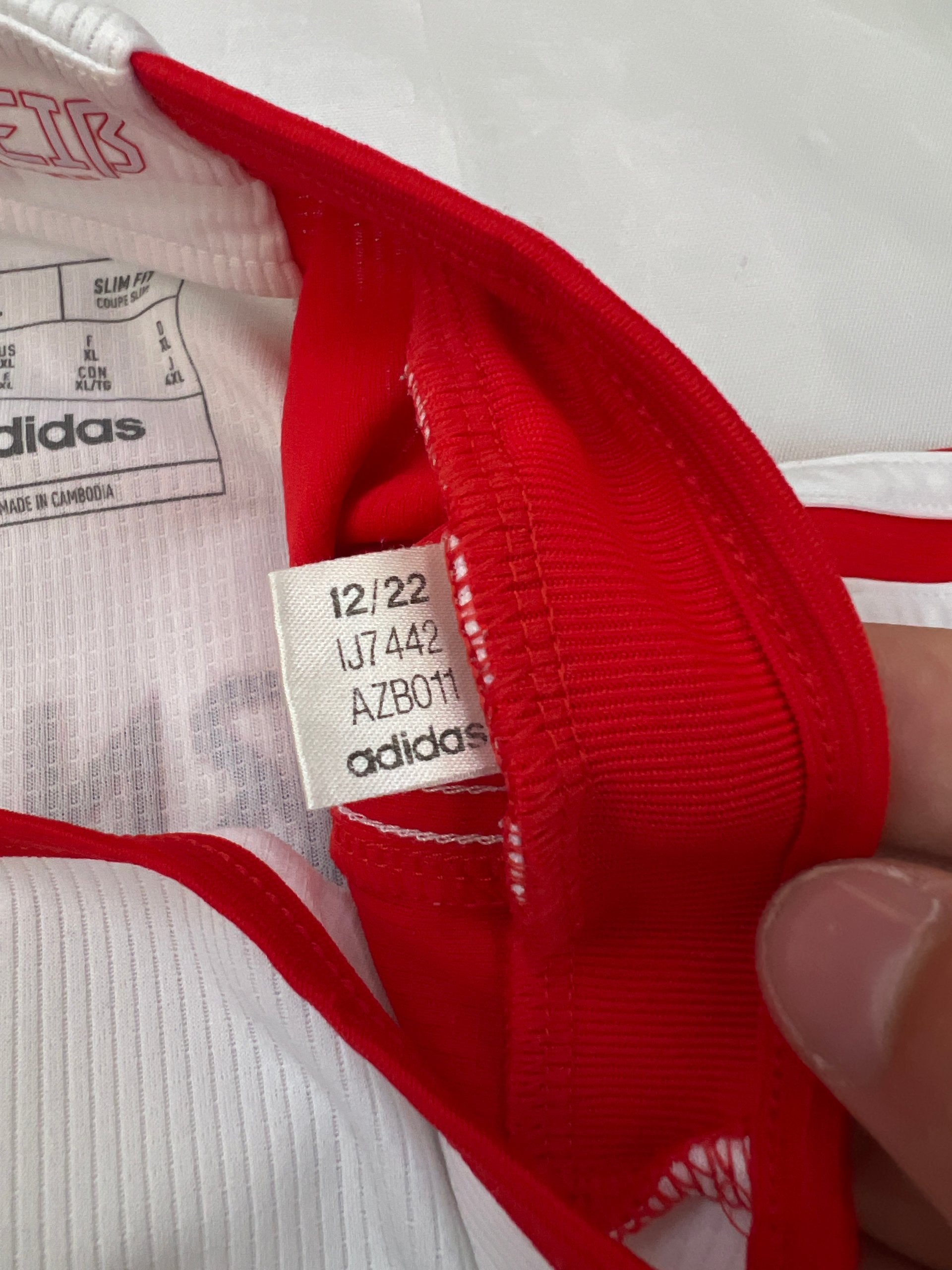 Adidas red and white FC Bayern Munich football jersey, slim fit, AEROREADY technology, 'MIA SAN MIA' detail.