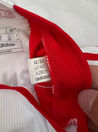 Adidas red and white FC Bayern Munich football jersey, slim fit, AEROREADY technology, 'MIA SAN MIA' detail.