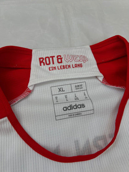 Adidas red and white FC Bayern Munich football jersey, slim fit, AEROREADY technology, 'MIA SAN MIA' detail.