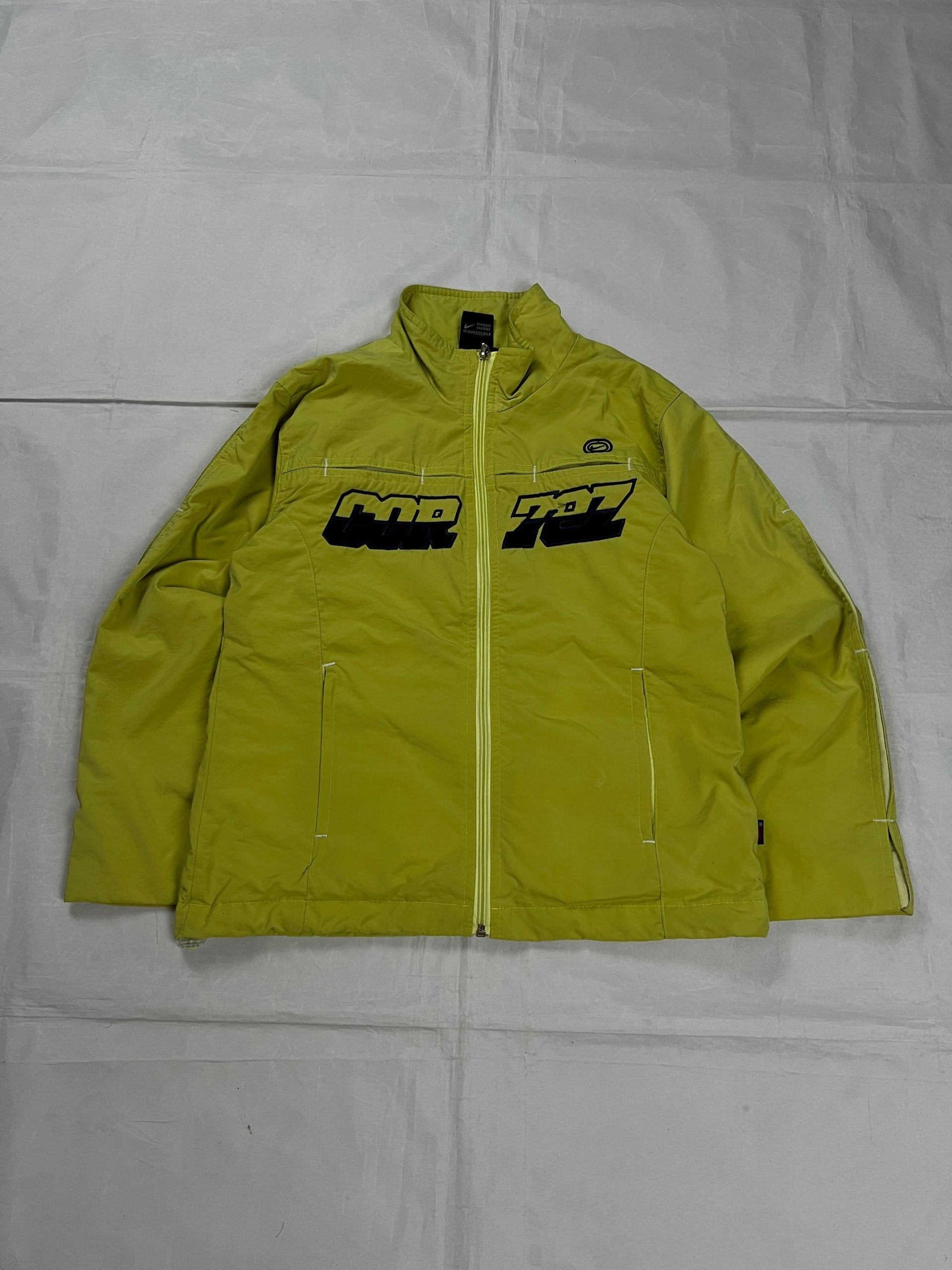 Nike yellow track jacket lightweight nylon with bold embroidered logos and sleeve zipper vent.