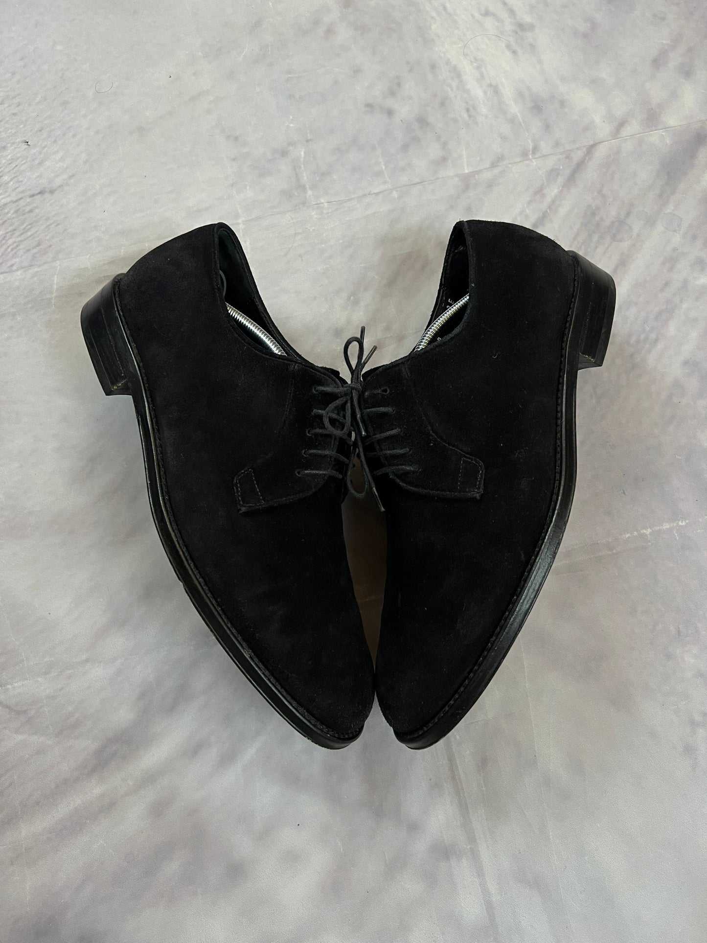 Salvatore Ferragamo black suede derby shoes UK 8 lace-up design with leather soles.