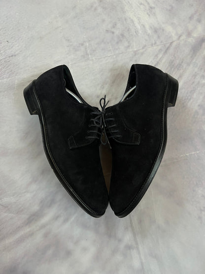 Salvatore Ferragamo black suede derby shoes UK 8 lace-up design with leather soles.