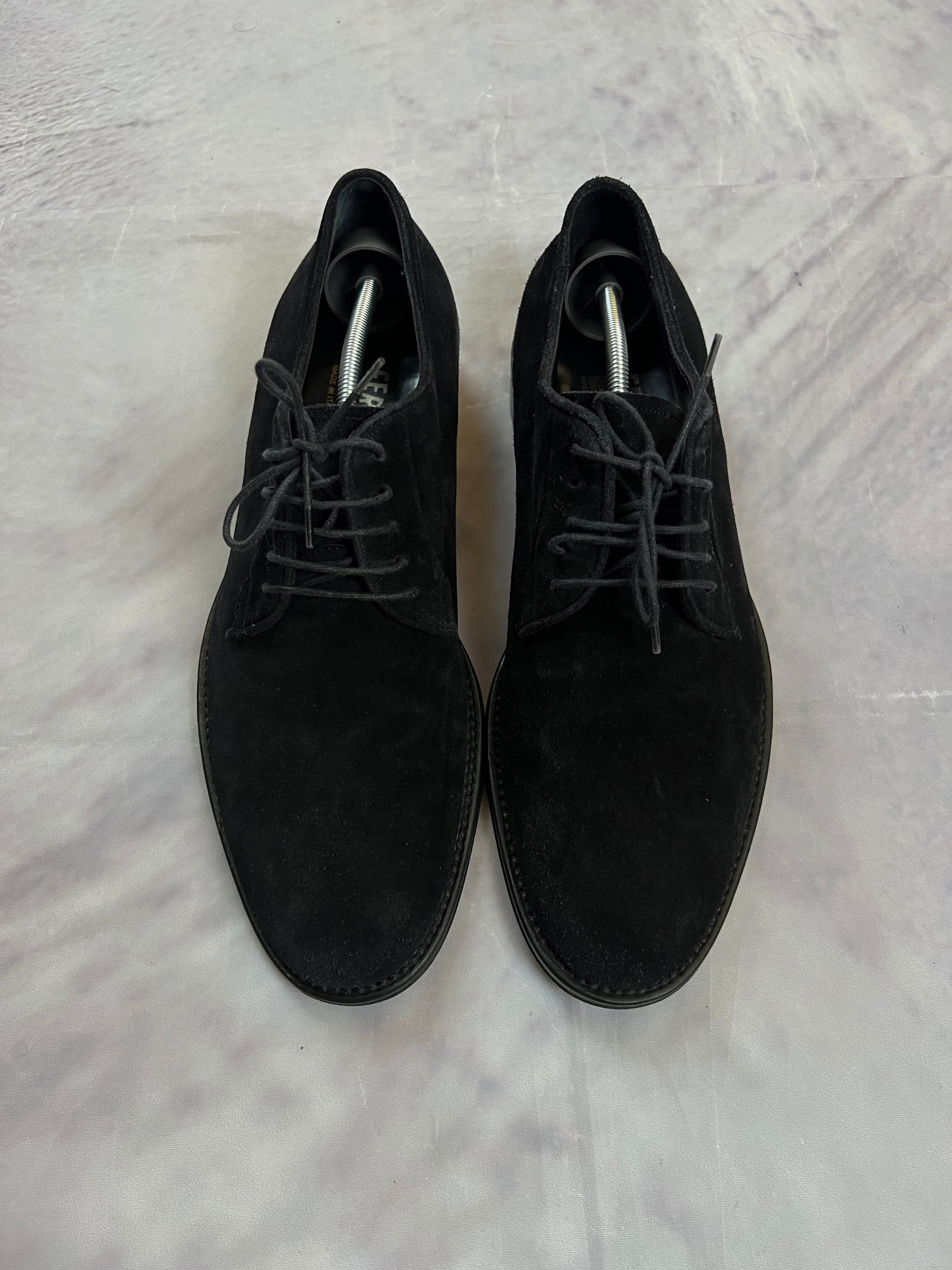 Salvatore Ferragamo black suede derby shoes UK 8 lace-up design with leather soles.
