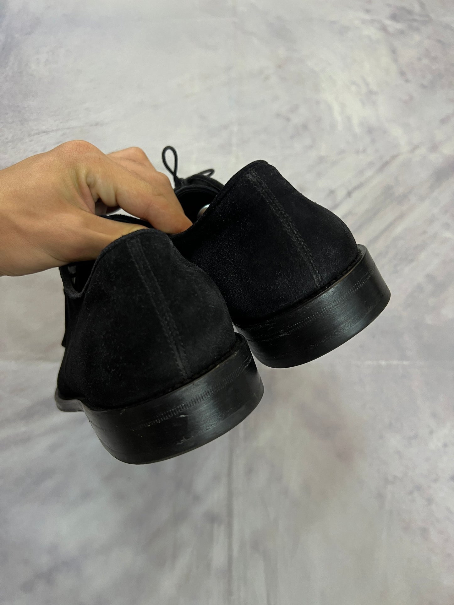 Salvatore Ferragamo black suede derby shoes UK 8 lace-up design with leather soles.