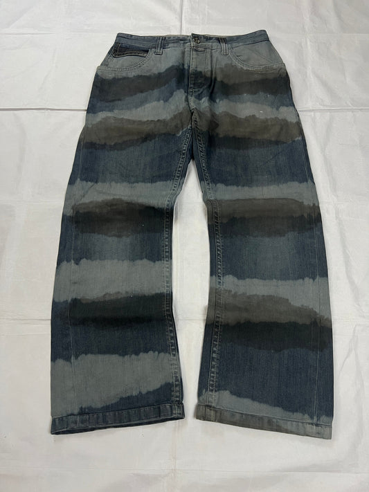 Lee blue and grey striped denim jeans with loose fit and decorative stitching.