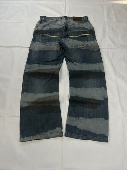 Lee blue and grey striped denim jeans with loose fit and decorative stitching.