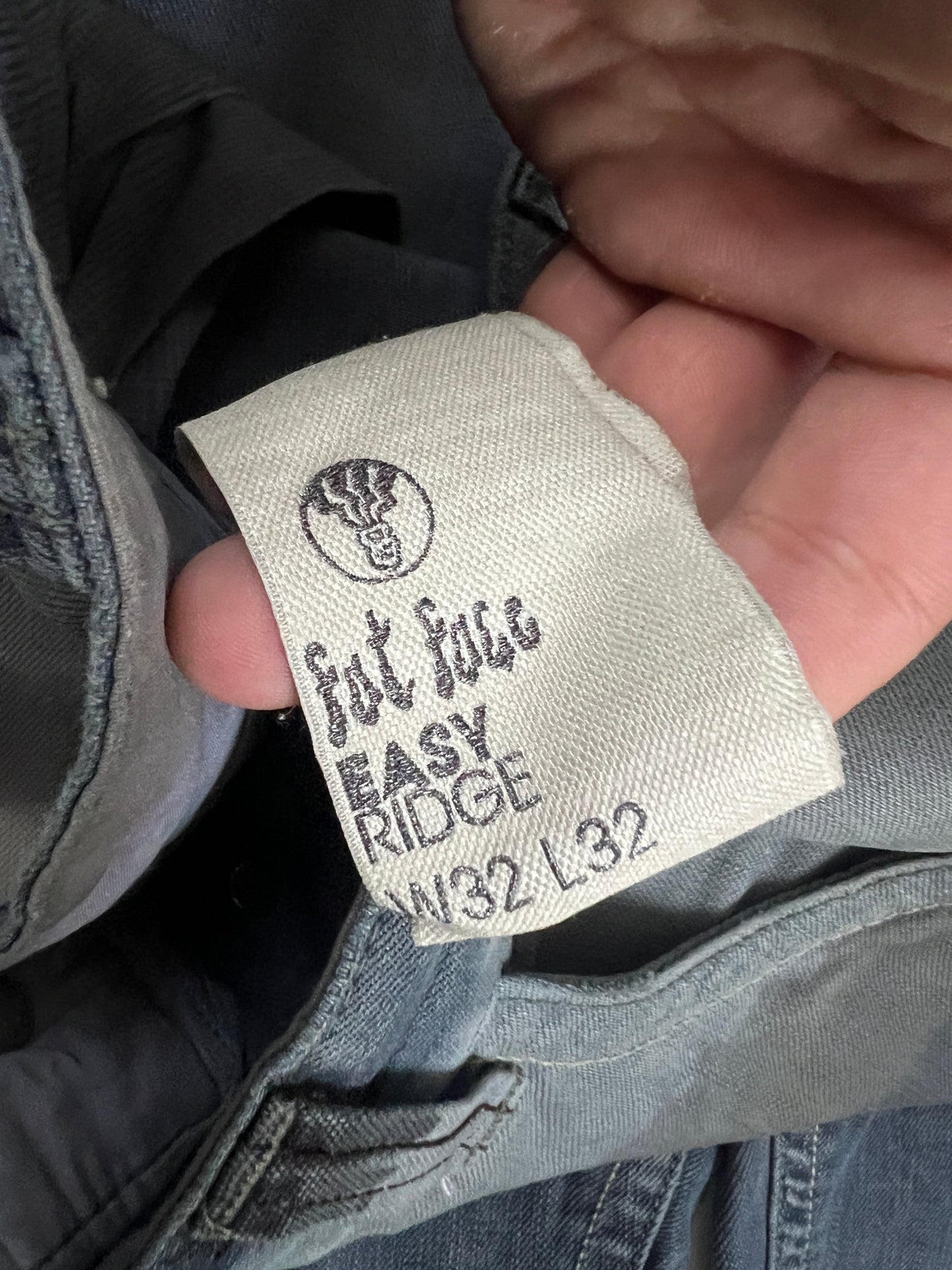 Lee blue and grey striped denim jeans with loose fit and decorative stitching.