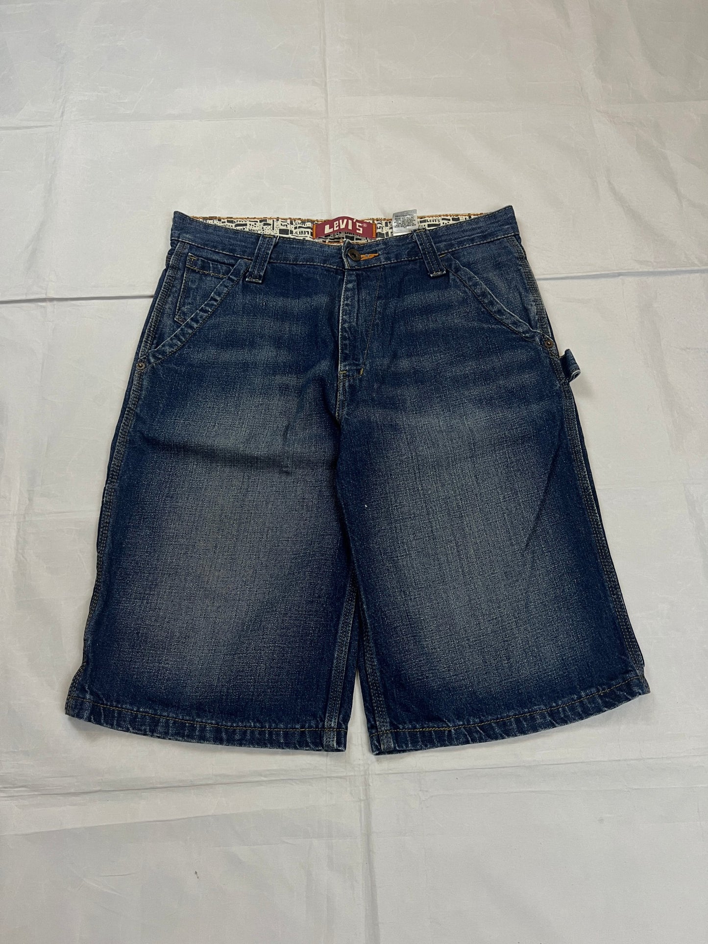 Levi's blue denim shorts classic fit five-pocket style with branded patch.