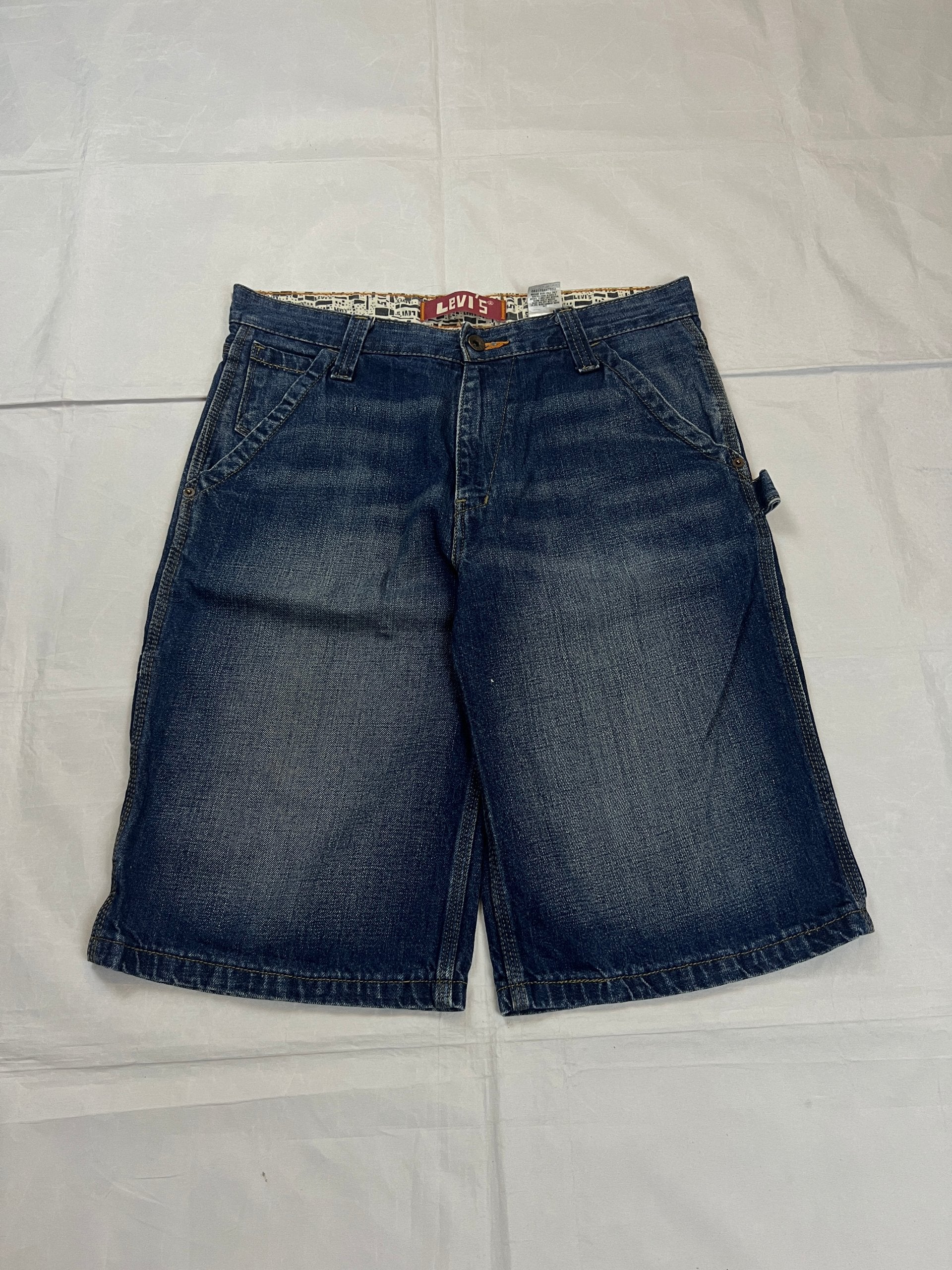 Levi's blue denim shorts classic fit five-pocket style with branded patch.