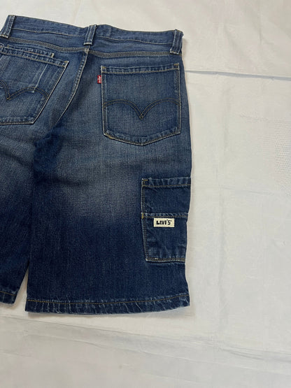 Levi's blue denim shorts classic fit five-pocket style with branded patch.