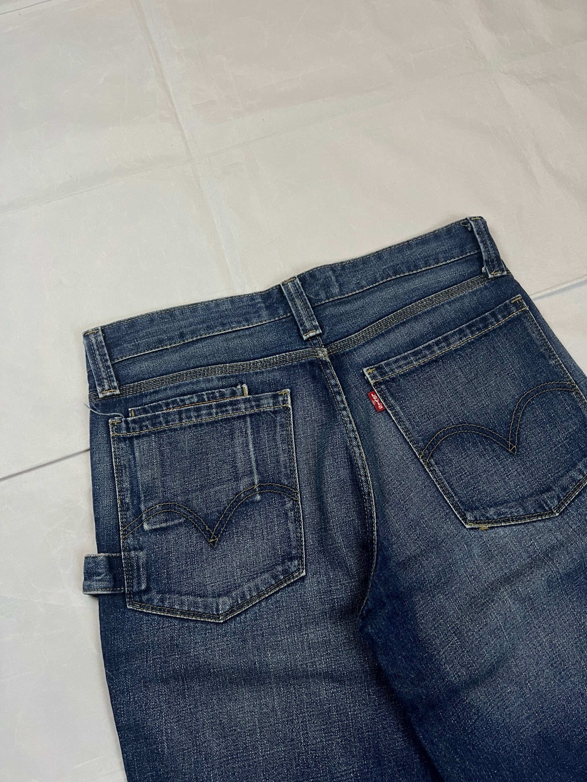 Levi's blue denim shorts classic fit five-pocket style with branded patch.